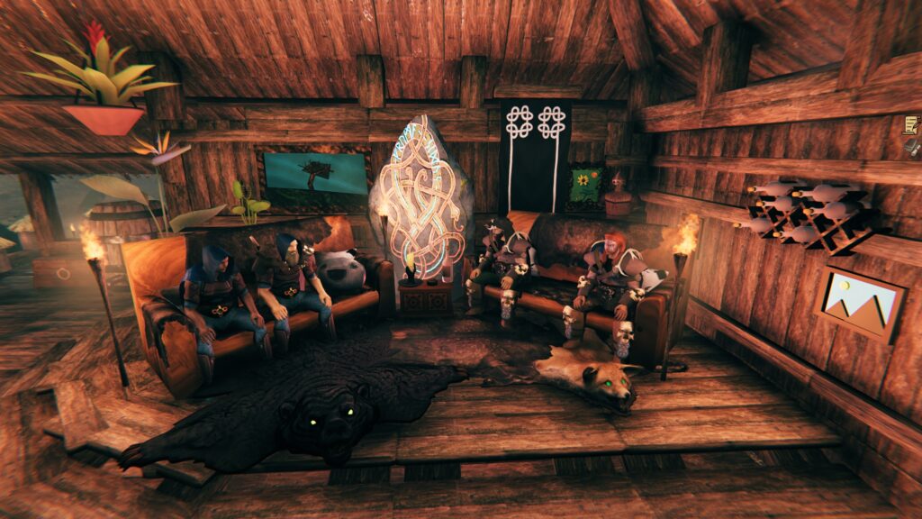 Maison en bois massive d'une guilde viking, ornée de runes et de bannières, au cœur d'un paysage nordique